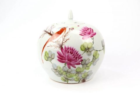 RZIH08  Candle knob hand painted bird floral porcelain jar