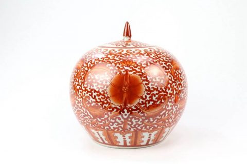 RZIH09   Red pigment hand painted lotus ceramic jar