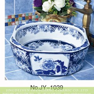 SJJY-1039-12   China style blue and white flower ceramic octagonal basin for toilet