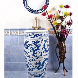 SJJY-1557-70   Luxury hotel blue dragon pedestal porcelain wash bowl