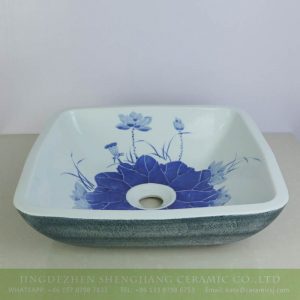 sjbyl-6135    Blue lotus and lotus leaf inside rectangular porcelain wash basin
