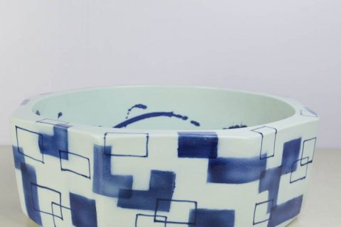 sjbyl-6149   Blue and white geometry pattern ceramic eight sides counter top bowl