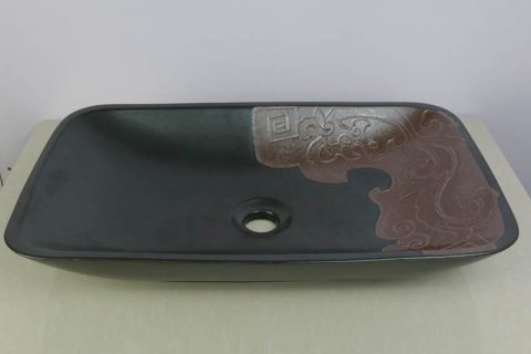 sjbyl-9003 Matt black hand carved design rectangular ceramic basin