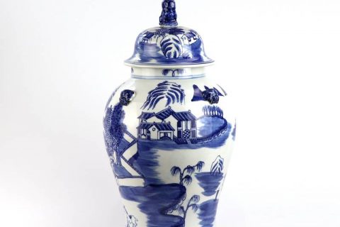 RYLU150  Lion top lid blue landscape porcelain jar