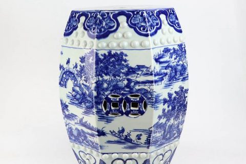 RYOM09   Blue and white China river side life six faces ceramic stool
