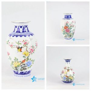 RZNW0456   China blue vase with colorful bird flower pattern