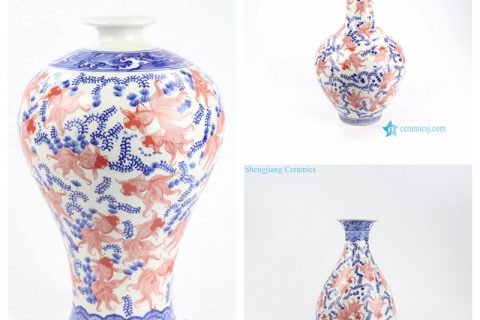 RYCI59-ACD  Aquarium blue red white floral goldfish porcelain vase