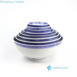 RZKG01  Rice hole blue dragon pattern Old Jingdezhen set of 8 ceramic bowls