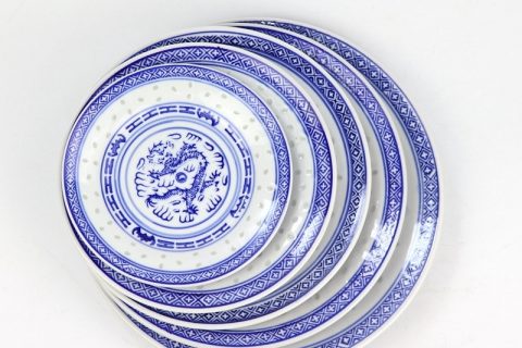 RZKG02  Blue and white Jingdezhen traditional carved rice hole ceramic plates in 5 sizes