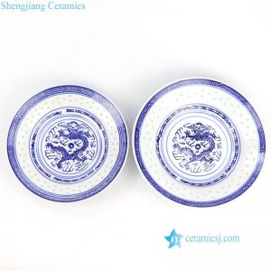 RZKG05  Blue and white carved rice hole dragon pattern China style ceramic plate