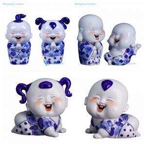 RZGB078 14  Smiling kids blue and white ceramic figurines