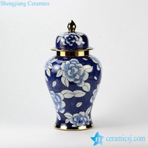 RYKB142   Golden rim and tip blue and white camellia pattern hotel decor porcelain jar