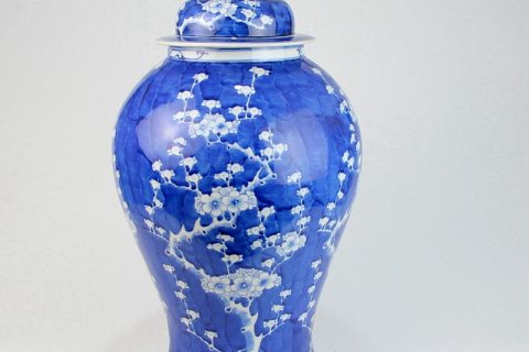 RYLU159   Round shoulder blue background white cherry blossom ceramic jar