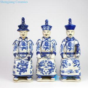 RYXZ18  Three sitting emperors blue and white ceramic statues