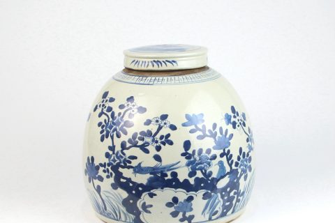 RZEY03-C-RZFZ   Antique reproduction hand painted blue bird floral porcelain vase with lid