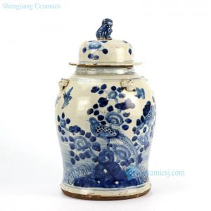 RZEY12-B  Old mud blue and white bird floral ceramic temple jar