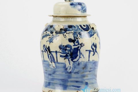 RZEY12-C    Yellow body blue kylin bring kids to family porcelain jar
