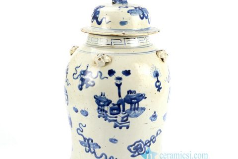 RZEY12-D   Antique finish blue and white lion lid porcelain jar