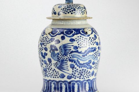 RZEY12-F     Blue and yellow hand painted phoenix ceramic jar