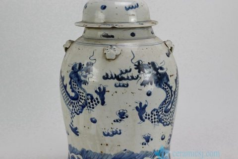 RZEY12   Hand painted blue dragon ceramic jar with lion knob
