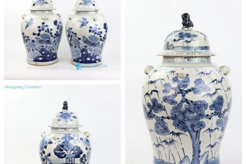 RZMV34-ABC   Lion lid and knob pine bird flower pattern hand draw porcelain jar