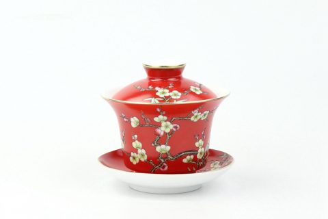 RZOU03   Hand craft needle painting red flower ceramic gaiwan