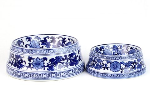 RYPU53   Blue and white floral ceramic pet food bowl
