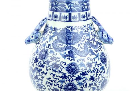 RYUJ21   Big belly blue dragon flying among flower porcelain vase with deer head knob