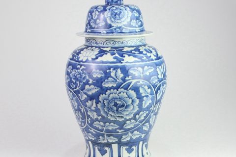 RZOY13  Lion tip lid hand painted peony blue ceramic jar