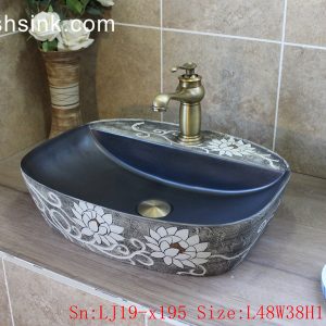 LJ19-x195      Grey background white flowers design ceramic wash sink