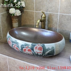 LJ19-x206      Glossy oval famille rose bird design ceramic art sink