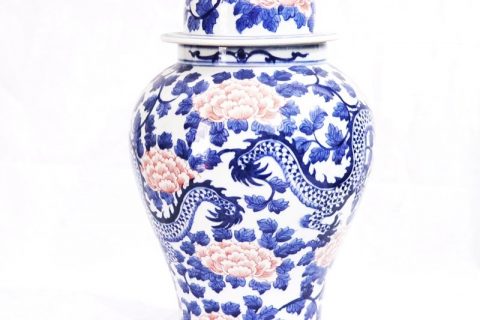 RYLU163     Blue and white underglaze red ceramic with peony design jar