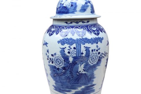 RYLU177-C           Shengjiang blue and white ceramic with phoenix and peony design potiche jar