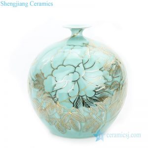 RYTA11           Hand painted gold drawing misty blue ceramic pomegranate vase