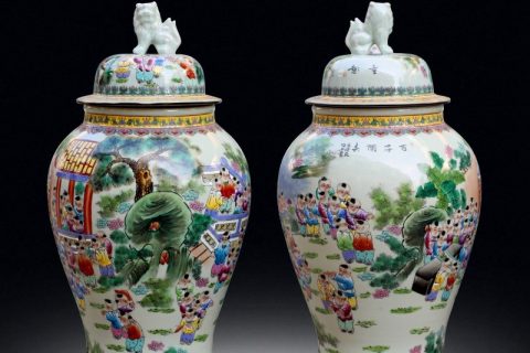 RYWY12        Jingdezhen antique famille rose ceramic with design of child and landscape floor jar