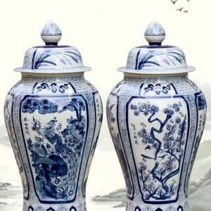 RYWY13-A        Pair of shengjiang hand painted blue and  white ceramic floor ginger jar