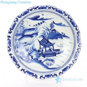 RZKS16      Blue and white ceramic with landscape and portraiture design plate