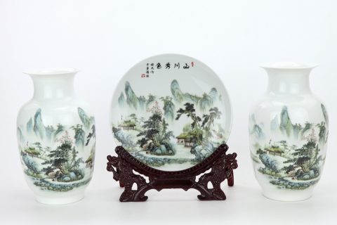 RZMN04           Jingdezhen pure manual three piece of ceramic with beautiful scenery design vase and plate