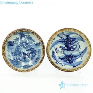 RZMW09-A/B  Blue and white man dragon china plates with yellow rim