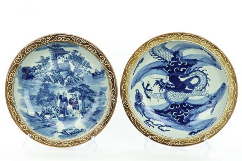 RZMW09-A/B  Blue and white man dragon china plates with yellow rim