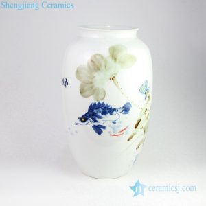 RZPB01   Free hand drawing style colorful lotus fish pond porcelain vase