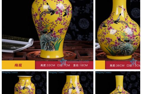 RZPE01-AE Yellow background cherry blossom and picapica bird porcelain vase