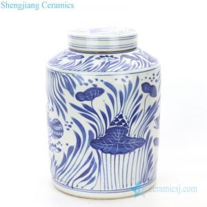 RZPI23     Hand painted blue and white ceramic with lotus leaves tea jar