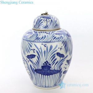RZPI27-B      Blue and white ceramic with fish grass design jar