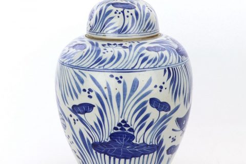 RZPI27-B      Blue and white ceramic with fish grass design jar