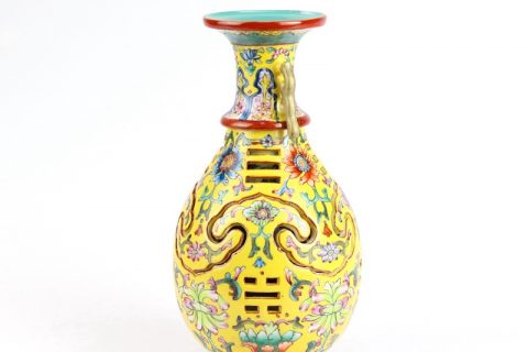 RYLW16   Famille rose carved Qing Dynasty reproduction yellow revolving vase