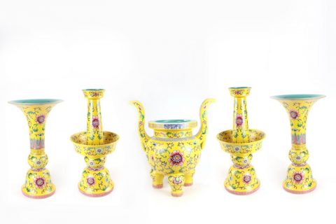 RYLW19  Famille rose cherish buddha set of 5 porcelain censer candle holder and vase