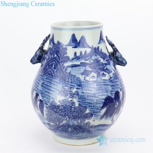 RYWD31-C   Indigo blue landscape ceramic vase with goat handle