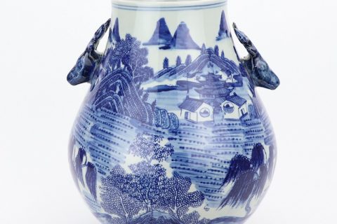 RYWD31-C   Indigo blue landscape ceramic vase with goat handle