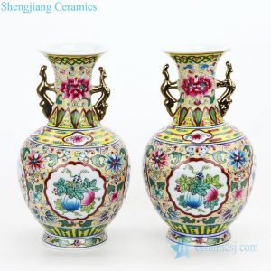 RZFA14   Famille rose yellow back ground pink lotus royal porcelain vase with gold dragon handles